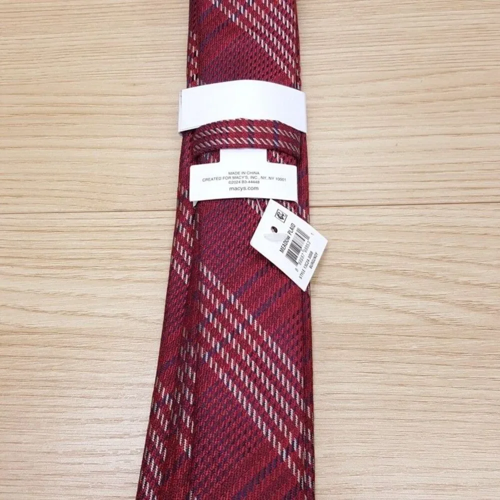 BAR III Mens Neck Tie Red Maroon Plaid Slim Lyocell Blend Necktie